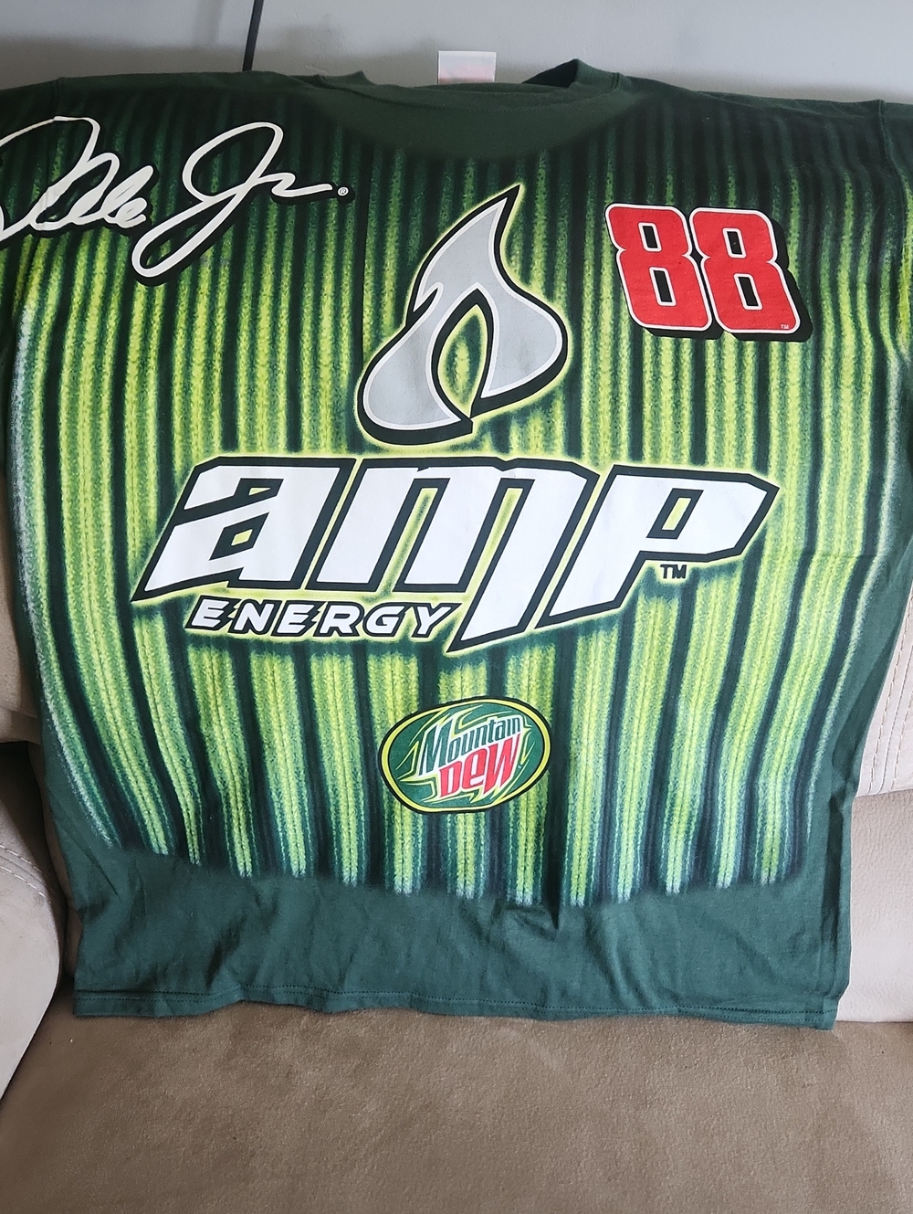 Dale Jr. 88. AMP Energy Green Graphic Tee with Mountain Dew Branding